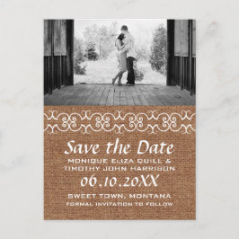 Cartão Postal De Anúncio Rustic Calliographic Faux Burlap Salva a Data