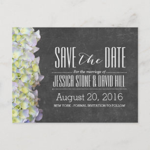 Cartão Postal De Anúncio Rustic Chalkboard Hydrangea Weding Date