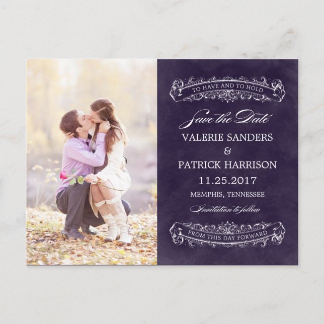 Cartão Postal De Anúncio Rustic Chic Wedding Save The Date - Purple (Frente)