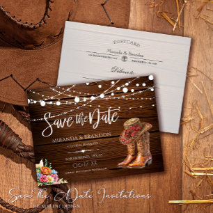 Cartão Postal De Anúncio Rustic Cowboy Boots Western Weding Date