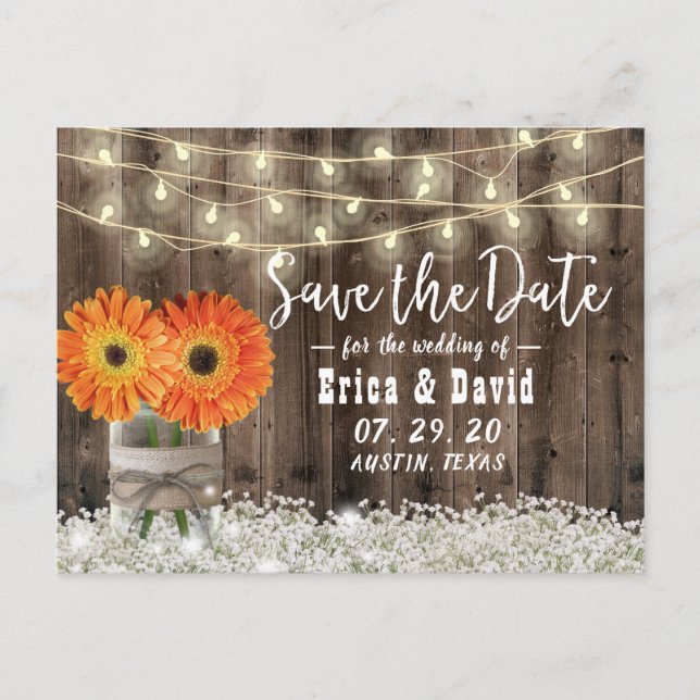 Cartão Postal De Anúncio Rustic Daisy Floral Jar Wedding Salvar Data (Frente)