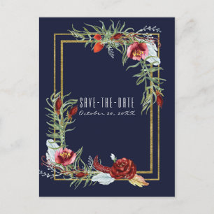 Cartão Postal De Anúncio Rustic Fall Marsala Floral Azul Marinho Save the D
