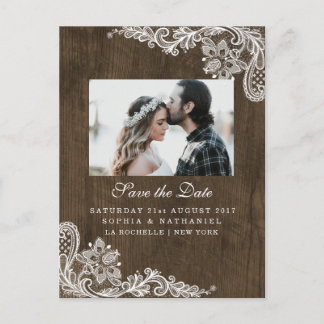 Cartão Postal De Anúncio Rustic Floral de Madeira com Renda Branca Foto Sav