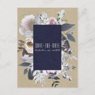 Cartão Postal De Anúncio Rustic Floral Glam Naval Kraft Salve a Data