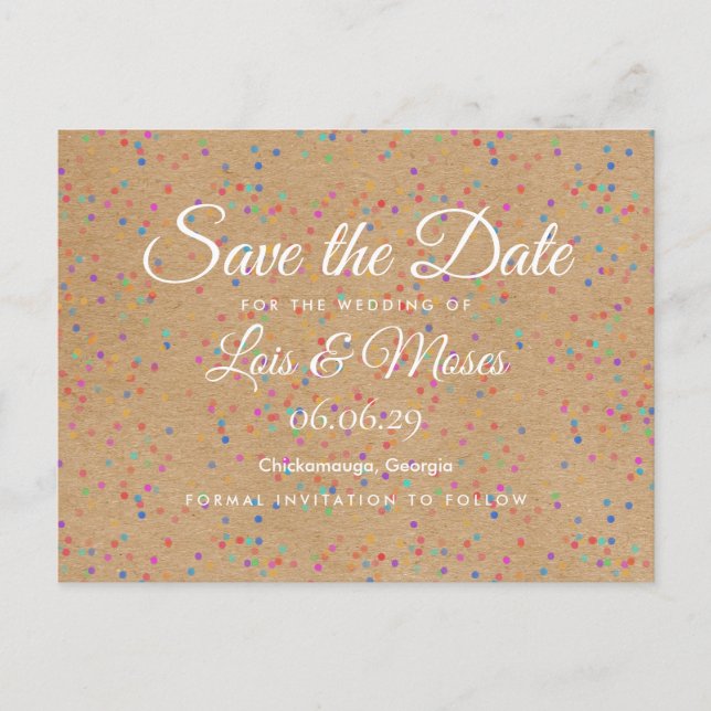 Cartão Postal De Anúncio Rustic Kraft Arco-íris Confetes Save the Date (Frente)