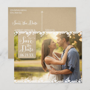 Cartão Postal De Anúncio Rustic Kraft e Renda Casamento Foto Salvar a Data