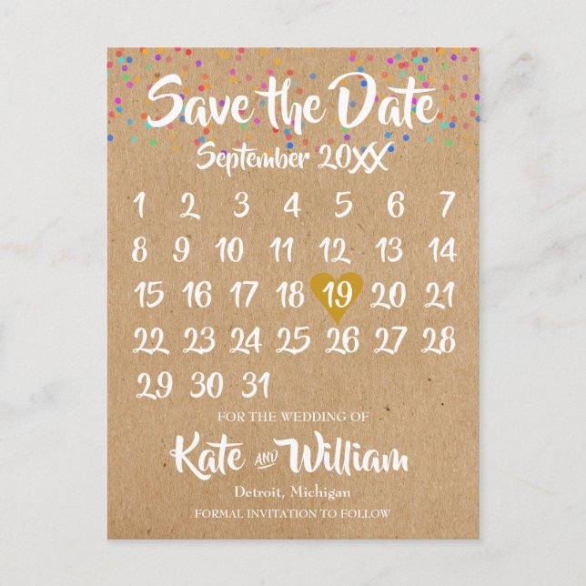 Cartão Postal De Anúncio Rustic Kraft Love Heart Calendar Salvar Data (Frente)
