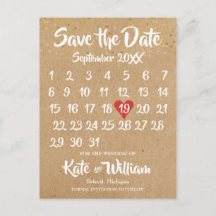 Cartão Postal De Anúncio Rustic Kraft Love Heart Calendar Salvar Data
