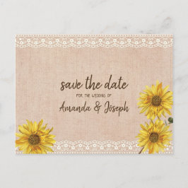 Cartão Postal De Anúncio Rustic Lace & Burlap Sunflower Salva a Data