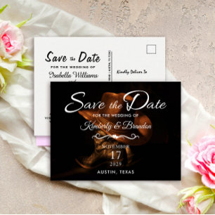 Cartão Postal De Anúncio Rustic Leather Cowboy Boots Salve a Data Casamento