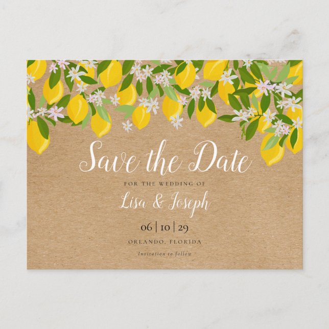 Cartão Postal De Anúncio Rustic Lemons Blossom Elegante Salvar Data (Frente)