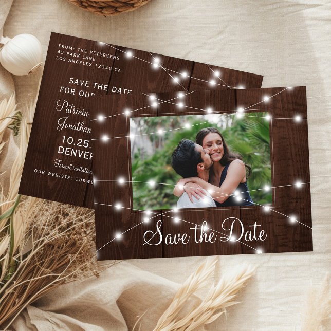 Cartão Postal De Anúncio Rustic lights country barn wedding save the date (Criador carregado)