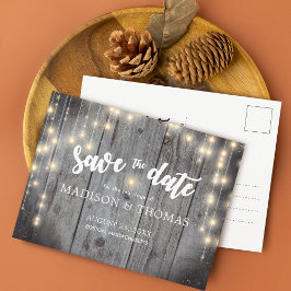 Cartão Postal De Anúncio Rustic Lights Wood Casamento Salvar A Data