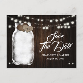 Cartão Postal De Anúncio Rustic Mason Jar Lights Wood Casamento Salve A Dat
