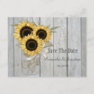 Cartão Postal De Anúncio Rustic Mason Jar Yellow Sunflower Salva Data