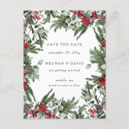 Cartão Postal De Anúncio Rustic Pine Berries Winter Christmas Salvar data