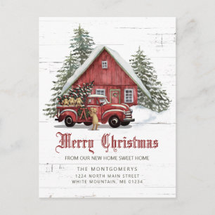 Cartão Postal De Anúncio Rustic Red Farmhouse Snowman Natal Movendo Anno