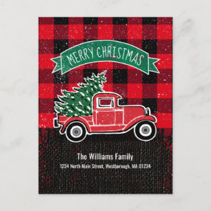 Cartão Postal De Anúncio Rustic Red Truck Feliz Feriado de Natal Em Movimen