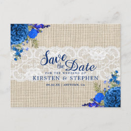 Cartão Postal De Anúncio Rustic Royal Floral Burlap salva a Data