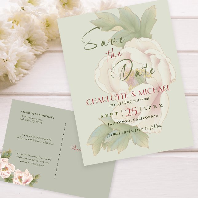 Cartão Postal De Anúncio Rustic Sage e Blush Peony Casamento Salvem a Data (Criador carregado)