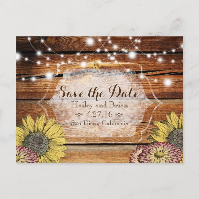 Cartão Postal De Anúncio Rustic Save the Date Postcard with Sunflower (Frente)