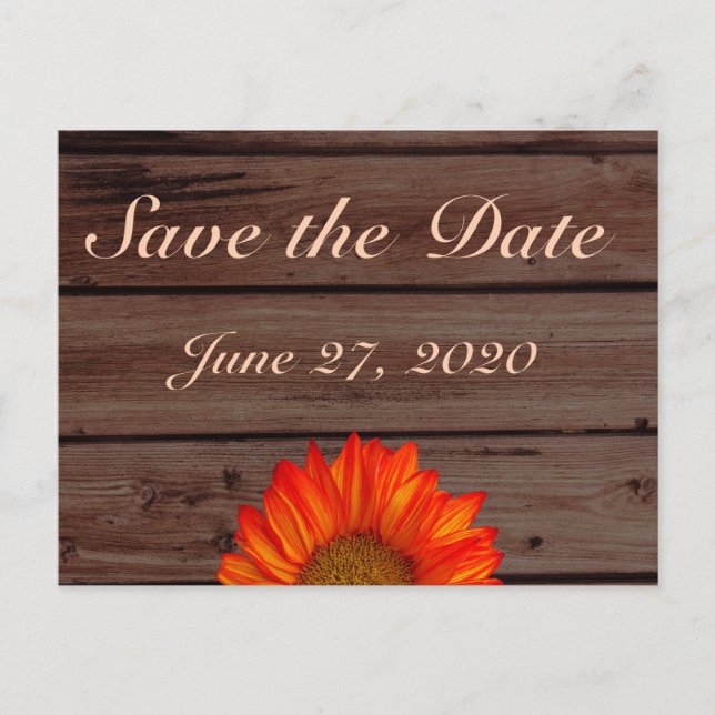 Cartão Postal De Anúncio Rustic Save The Dates Orange Sunflower (Frente)