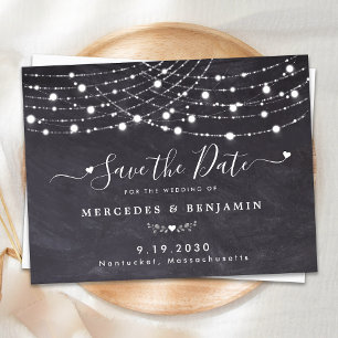 Cartão Postal De Anúncio Rustic Slate String Luz Casamento Salvar A Data