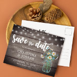 Cartão Postal De Anúncio Rustic String Lights Mason Jar Salvar A Data<br><div class="desc">Envie-me um e-mail para JMR._Designs@yahoo.com se precisar de assistência ou se tiver algum pedido especial.</div>