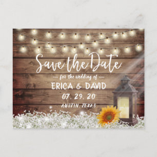 Cartão Postal De Anúncio Rustic Sunflower Lantern Wedn Save the Date