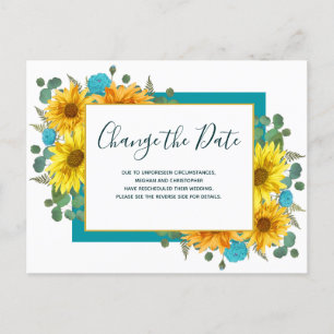 Cartão Postal De Anúncio Rustic Sunflower Teal Rosa Weding Change the Date