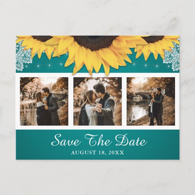 Cartão Postal De Anúncio Rustic Sunflower Teal Weding Photo Save The Date ( (Frente)