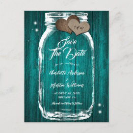 Cartão Postal De Anúncio Rustic Teal Mason Jar Wood Casamento Salvar A Data