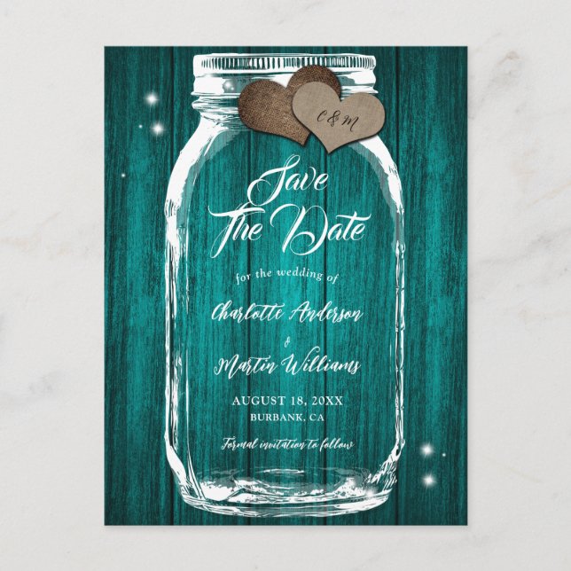 Cartão Postal De Anúncio Rustic Teal Mason Jar Wood Casamento Salvar A Data (Frente)