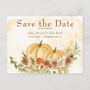 Cartão Postal De Anúncio Rustic Watercolor Salva a Data Pumpkin Casando Um