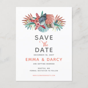 Cartão Postal De Anúncio Rustic Watercolor Seashells Starfish Casamento de