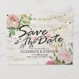 Cartão Postal De Anúncio Rustic Wood Floral String Luzes De Casamento Data 