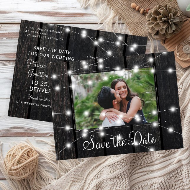 Cartão Postal De Anúncio Rustic wood string lights barn save date wedding (Criador carregado)
