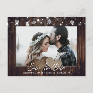 Cartão Postal De Anúncio Rustic Wood Weding Photo Save The Date Postcard