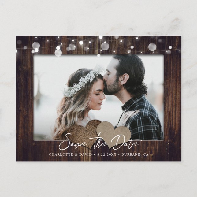 Cartão Postal De Anúncio Rustic Wood Weding Photo Save The Date Postcard (Frente)