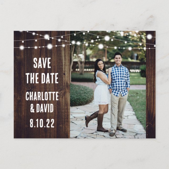 Cartão Postal De Anúncio Rustic Wood Weding The Date Photo Postcard (Frente)