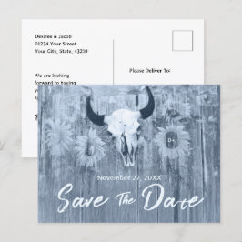 Cartão Postal De Anúncio Rústico Dusty Azul Girassóis Touro Crânio