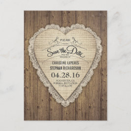 Cartão Postal De Anúncio rústico lace burlap wood coração salva data