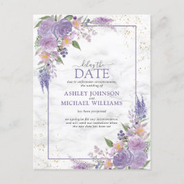 Cartão Postal De Anúncio Rústico Lilás Lavanda Dourado Floral Adiar a Data