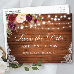 Cartão Postal De Anúncio Rústico Luzes de Madeira Lace Floral Salvar a Data<br><div class="desc">Luzes de corda de madeira russa Lace Aquarela Borgonha Borgonha Salva o Cartão-Postal - Impresso de Volta</div>