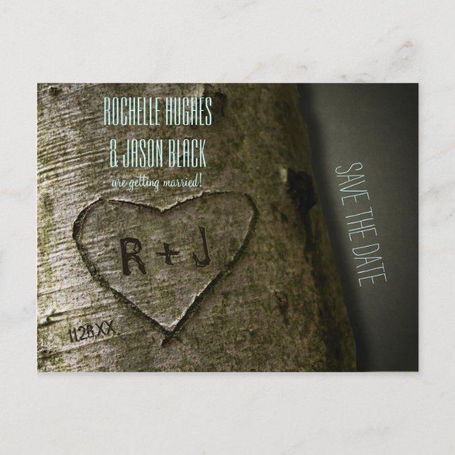 Cartão Postal De Anúncio Rústico Tree Carve — Salve o Cartão-Postal de Data (Frente)