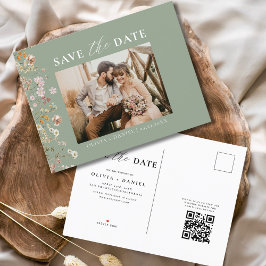 Cartão Postal De Anúncio Sage Green Código QR Wildflower Wedding