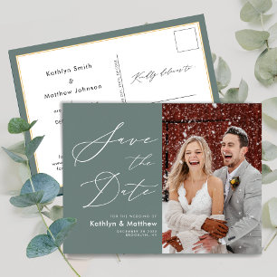 Cartão Postal De Anúncio Sage Green Elegant Script Weding The Date