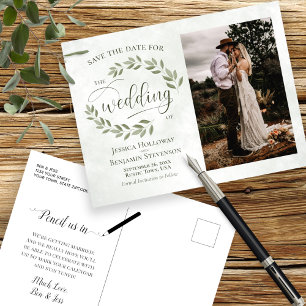 Cartão Postal De Anúncio Sage Green Leaves & Photo Wedding Save the Date