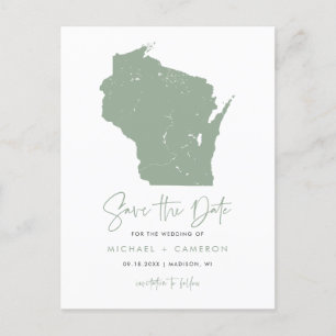 Cartão Postal De Anúncio Sage Green Wisconsin Mapa Moderno Salve a Data