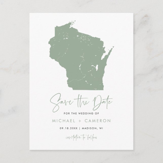 Cartão Postal De Anúncio Sage Green Wisconsin Mapa Moderno Salve a Data (Frente)